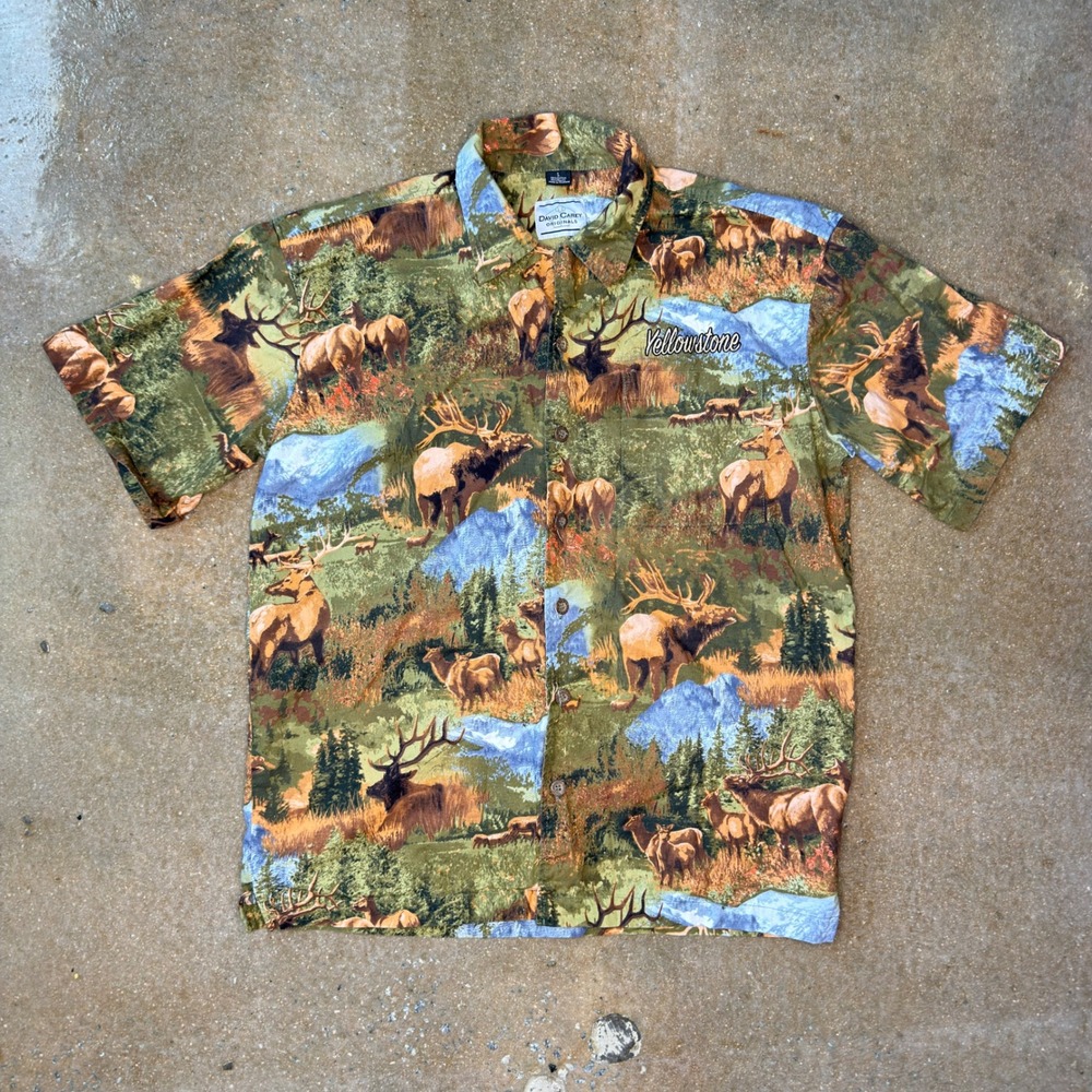 David Carey Yellowstone Elk Mountain Print Shirt Mens Large Short Sleeve Cotton